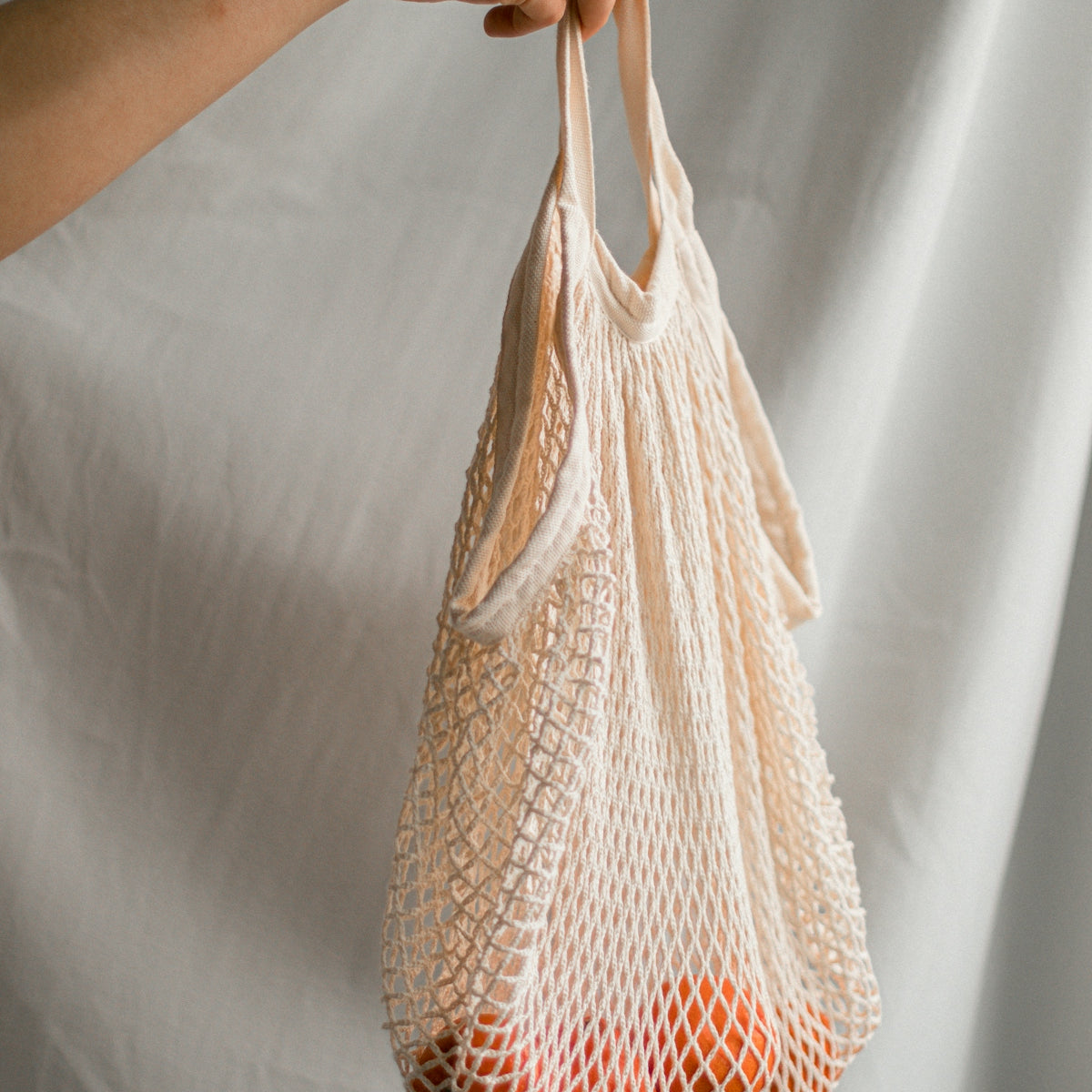 a person holding a mesh bag with two oranges in it