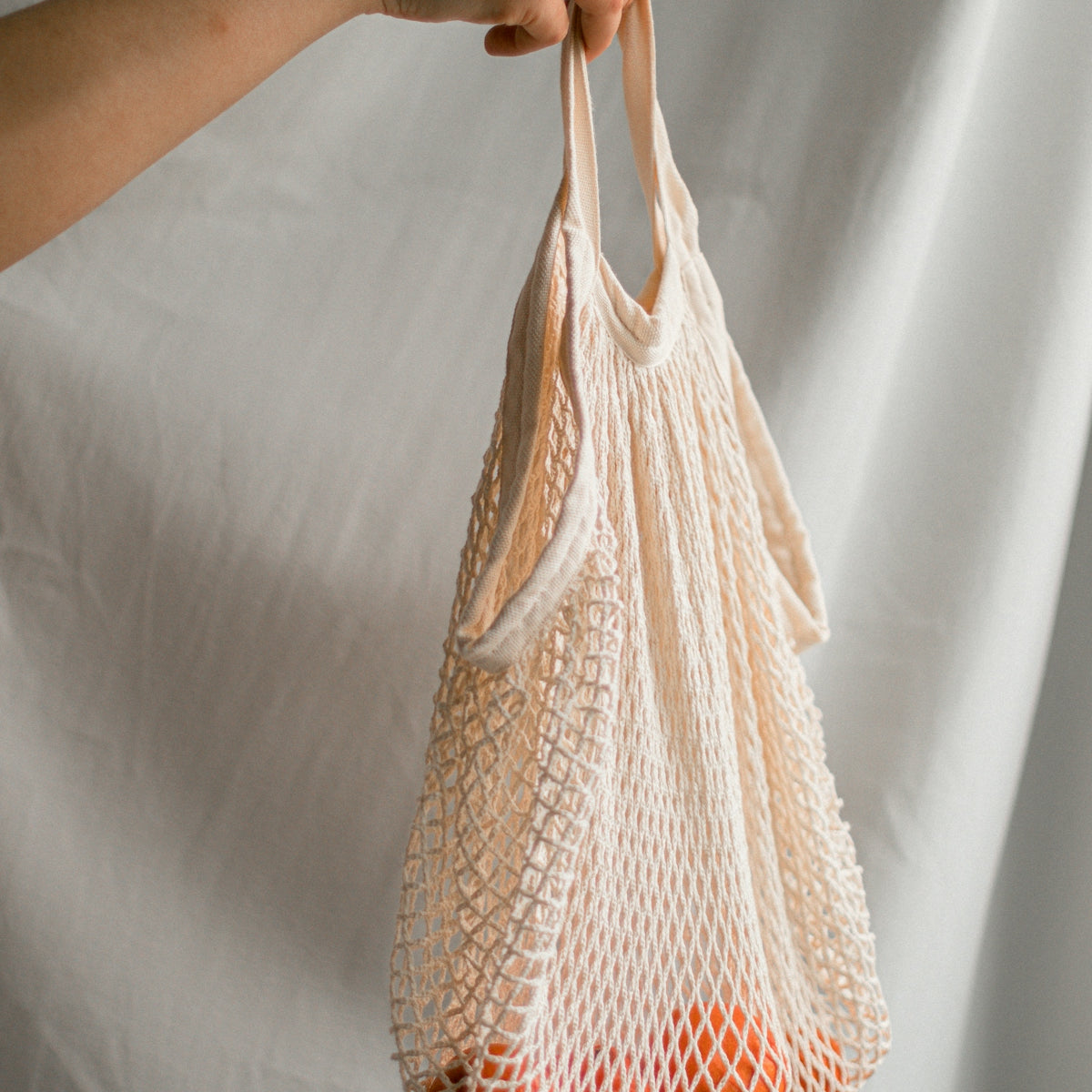 a hand holding a bag of oranges on a white background