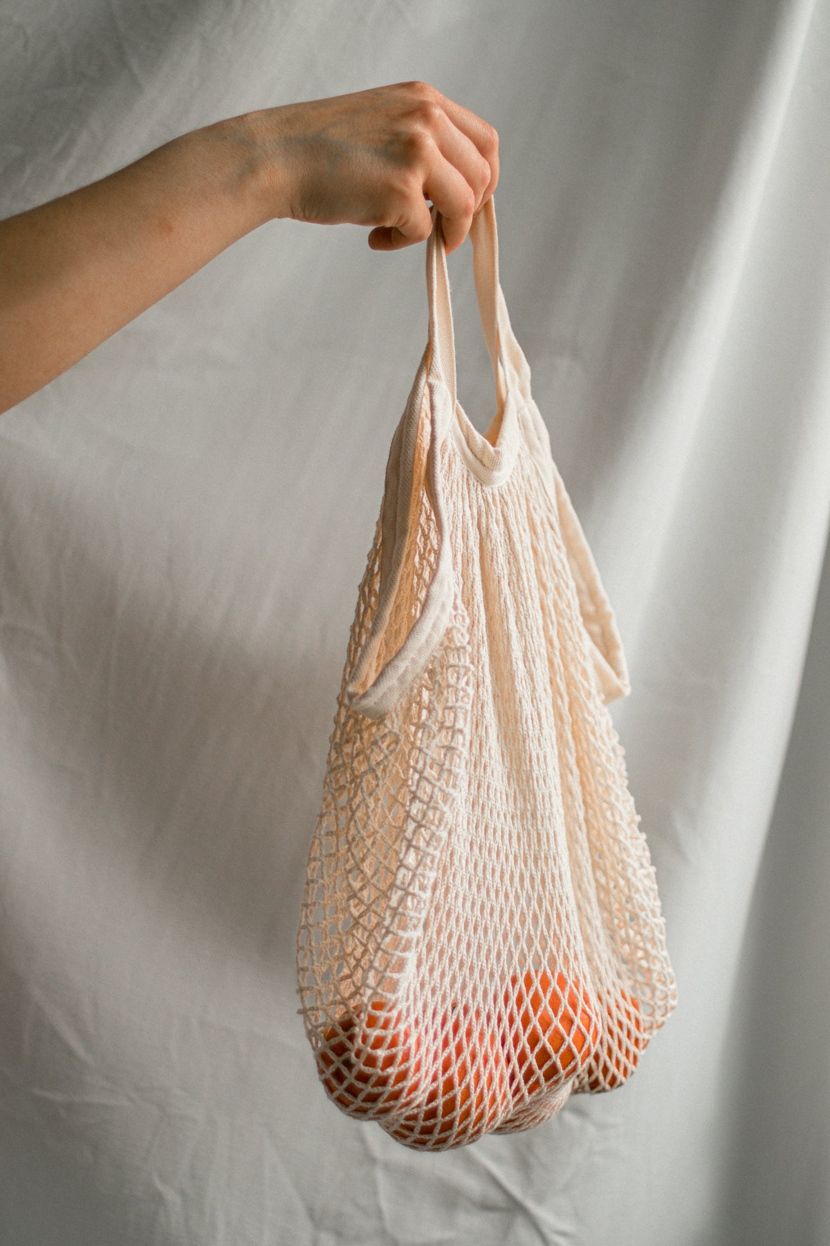 a hand holding a bag of oranges on a white background