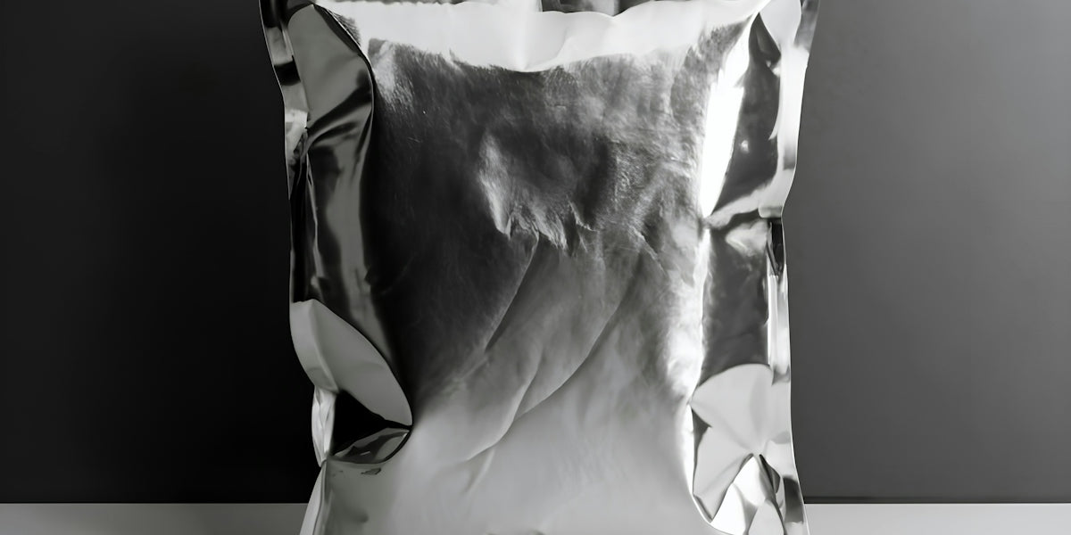 a silver foil bag sitting on top of a white table