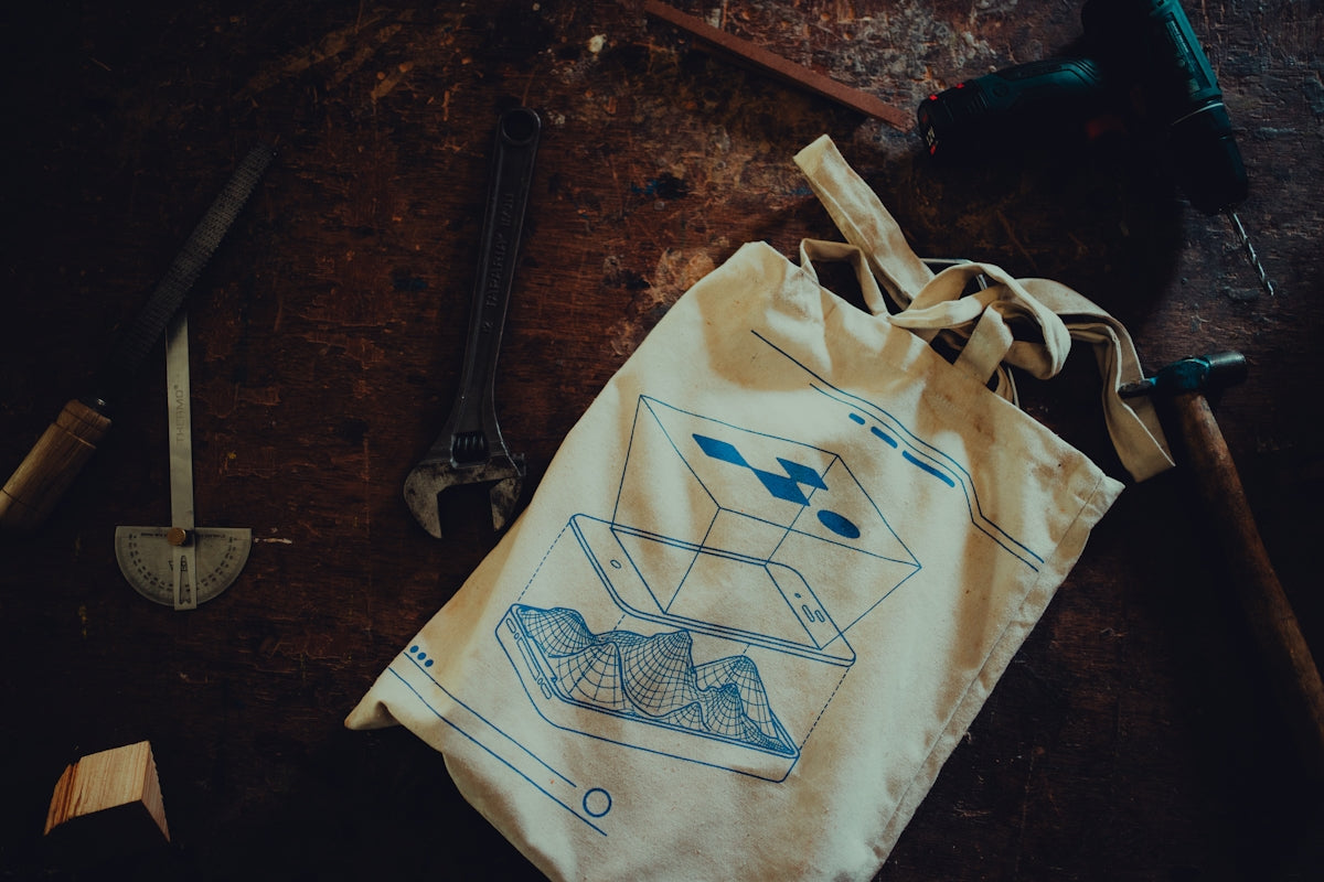 a tote bag sitting on top of a wooden table