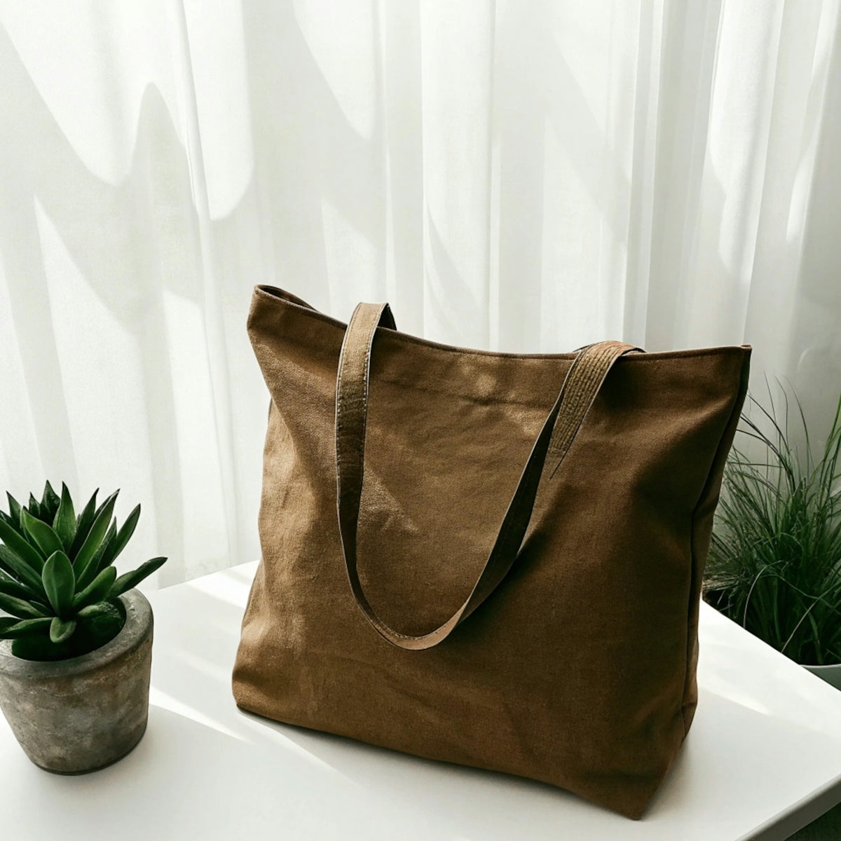 A brown bag sitting on top of a white table