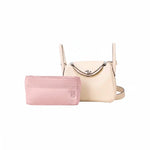 Pink inner bag organizer and beige luxury handbag on white background