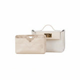 Beige inner bag organizer displayed in front of a white luxury handbag on white background