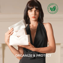 Woman holding eco-friendly, handcrafted inner bags for luxury purses with Organize & Protect text